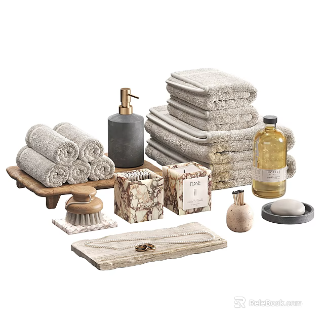 Bathroom Living Essentials Soft Towels Hand Soap Dispenser Marble Soap Box Wooden Brush Woven Mat 3d model 