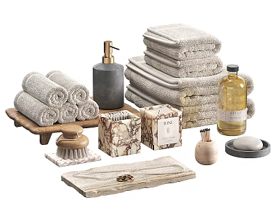 Bathroom Living Essentials Soft Towels Hand Soap Dispenser Marble Soap Box Wooden Brush Woven Mat 3d model