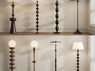 Modern Floor Lamps With Spiral Wooden Metal Bases And Round White Shades For Indoor Decor 3d model