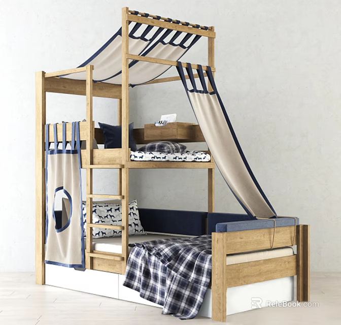 Wooden Bunk Bed With Slide Canopy Plaid Bedspread And Storage Drawers For Kids Room 3d model 