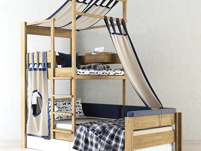 Wooden Bunk Bed With Slide Canopy Plaid Bedspread And Storage Drawers For Kids Room 3d model