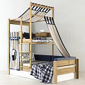 Wooden Bunk Bed With Slide Canopy Plaid Bedspread And Storage Drawers For Kids Room