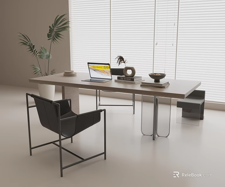 Modern Wooden Desk With Laptop Books Decorative Items Black Chair Blinds And Plant 3d model 