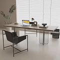 Modern Wooden Desk With Laptop Books Decorative Items Black Chair Blinds And Plant