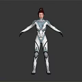 Futuristic Female Sci Fi Character With Blue White Cybernetic Suit And Red Hair 3D Render