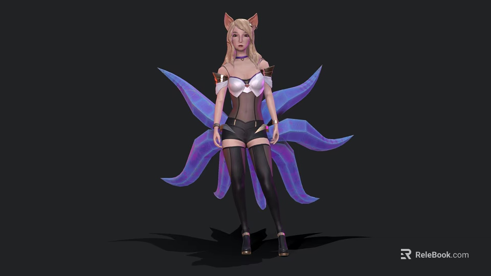 Female fox eared character with purple tails wearing white top black shorts and black thigh high socks 3d model 