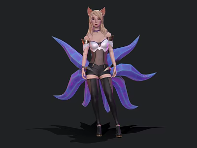 Female fox eared character with purple tails wearing white top black shorts and black thigh high socks 3d model
