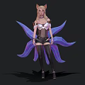Female fox eared character with purple tails wearing white top black shorts and black thigh high socks