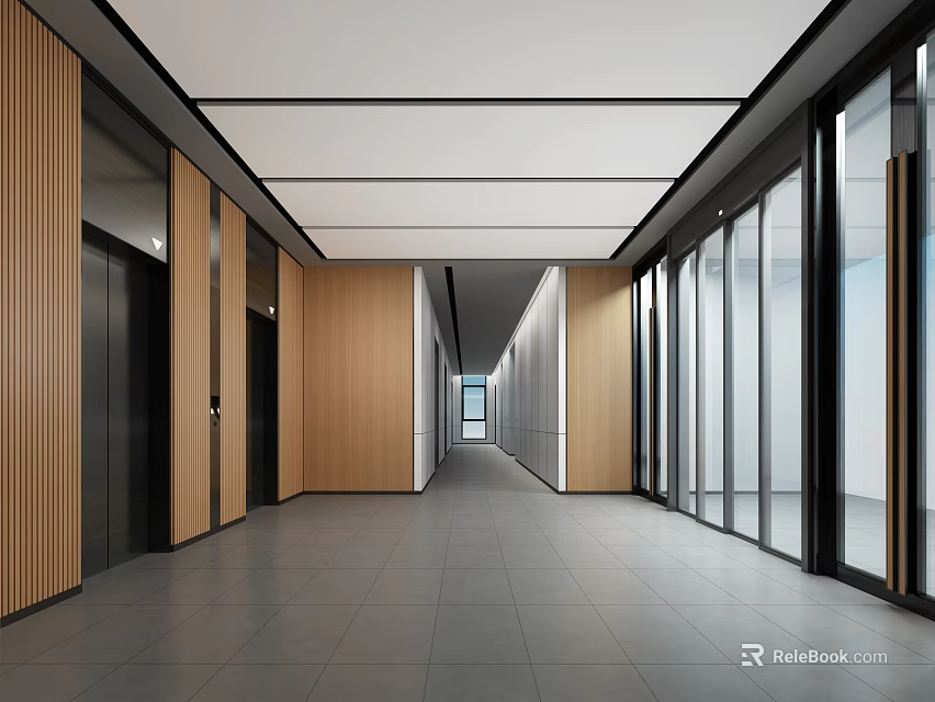 Modern Elevator Corridor Interior With Wooden Panels Glass Partitions Gray Floor Tiles And White Ceiling 3d model 