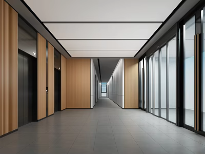 Modern Elevator Corridor Interior With Wooden Panels Glass Partitions Gray Floor Tiles And White Ceiling 3d model