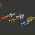 Colorful Plastic Toy Guns With Various Fun Designs And Shiny Reflections For Kids
