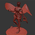 Female Warrior with Green Gold Armor and Yellow Energy Ribbons Holding Gun on Sand Base