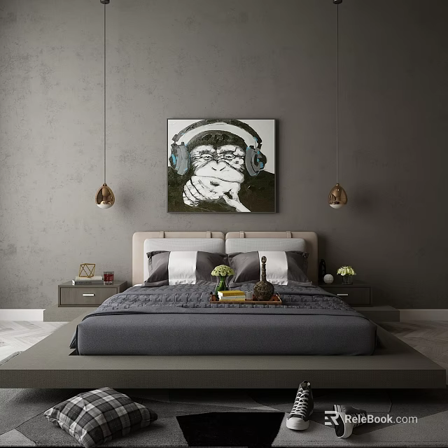Double Bed With Gray Bedding White Pillows Monkey Painting And Pendant Lights In Modern Bedroom 3d model 