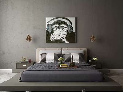 Double Bed With Gray Bedding White Pillows Monkey Painting And Pendant Lights In Modern Bedroom 3d model