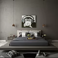 Double Bed With Gray Bedding White Pillows Monkey Painting And Pendant Lights In Modern Bedroom