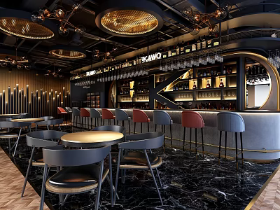 Modern Bar Counter With Ceiling Lights Bar Stools Marble Countertop Wine Racks And Lighting Ambiance 3d model