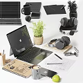 Modern Workspace Setup With Laptop Headphones Coffee Mug Apple And Office Supplies