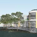Modern Detached Villa With Circular Roof By Waterfront Surrounded By Trees And Wooden Dock