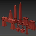 Ancient Architectural Models Featuring Obelisks Pyramids And Various Stone Like Structures