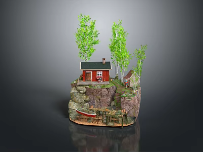 Scenic Landscape Featuring Red Cottage Green Roof Trees Rocky Cliff Small Boat And Wooden Dock 3d model