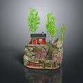 Scenic Landscape Featuring Red Cottage Green Roof Trees Rocky Cliff Small Boat And Wooden Dock