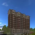 Modern Mid Rise Residential Building With Red Brick Facade Large Windows Trees And Mountain View