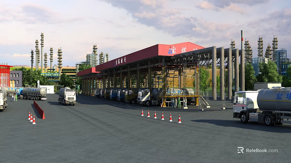 Industrial Factory Building With Red Roof Multiple Lanes And Trucks Near Traffic Cones 3d model 