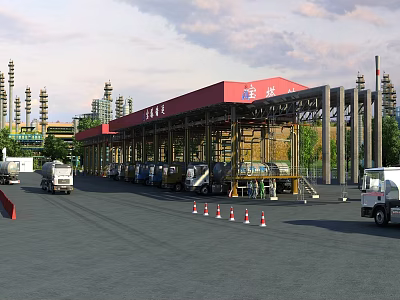 Industrial Factory Building With Red Roof Multiple Lanes And Trucks Near Traffic Cones 3d model