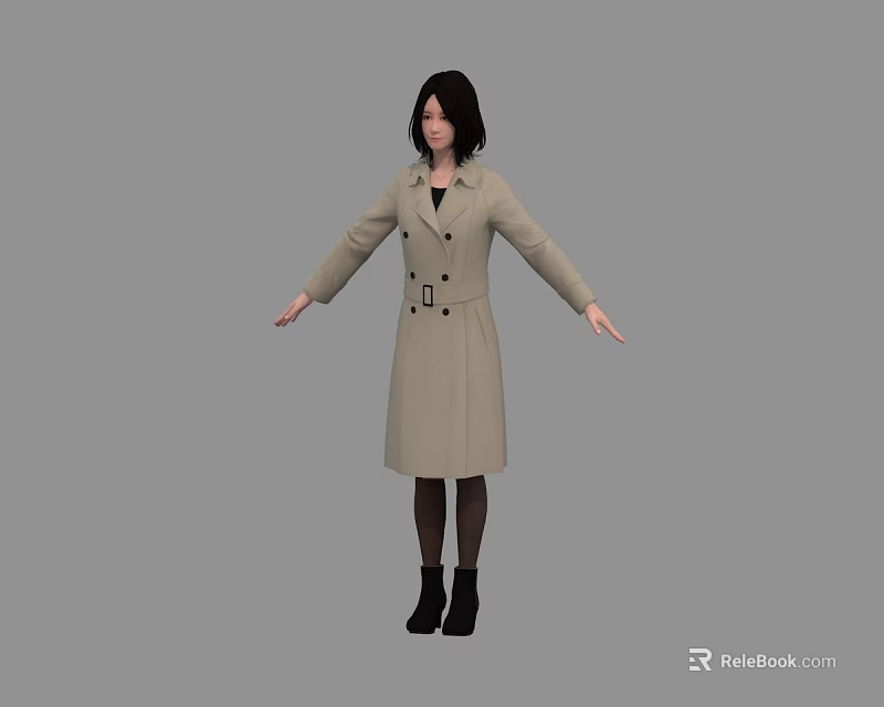 Woman In Beige Trench Coat With Black Boots And Short Hair Standing With Arms Outstretched 3d model