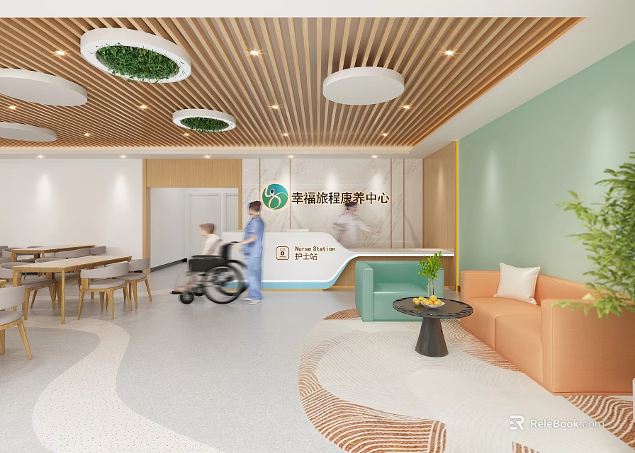 Warm Elderly Care Center Interior With Healthcare Staff Wheelchair And Comfortable Seating 3d model 