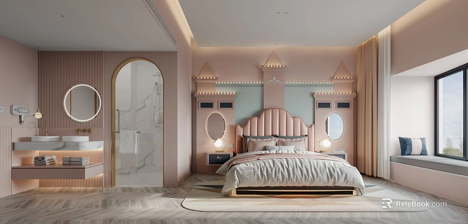 Pink Modern Bedroom Interior With Castle Shaped Headboard Round Mirrors And Herringbone Flooring 3d model 