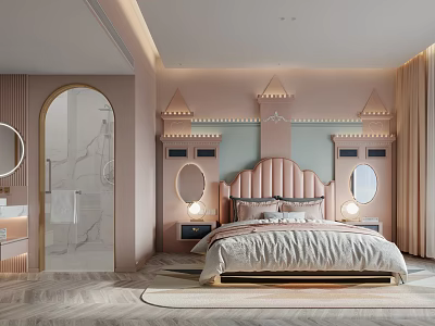Pink Modern Bedroom Interior With Castle Shaped Headboard Round Mirrors And Herringbone Flooring 3d model