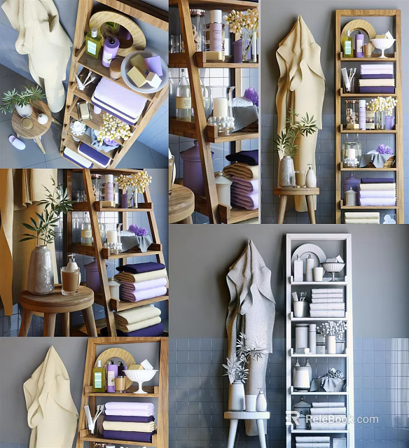 Modern Bathroom Accessories With Wooden Shelves Stacked Towels Decorative Plants And Stylish Storage 3d model 