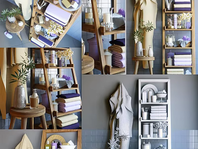 Modern Bathroom Accessories With Wooden Shelves Stacked Towels Decorative Plants And Stylish Storage 3d model