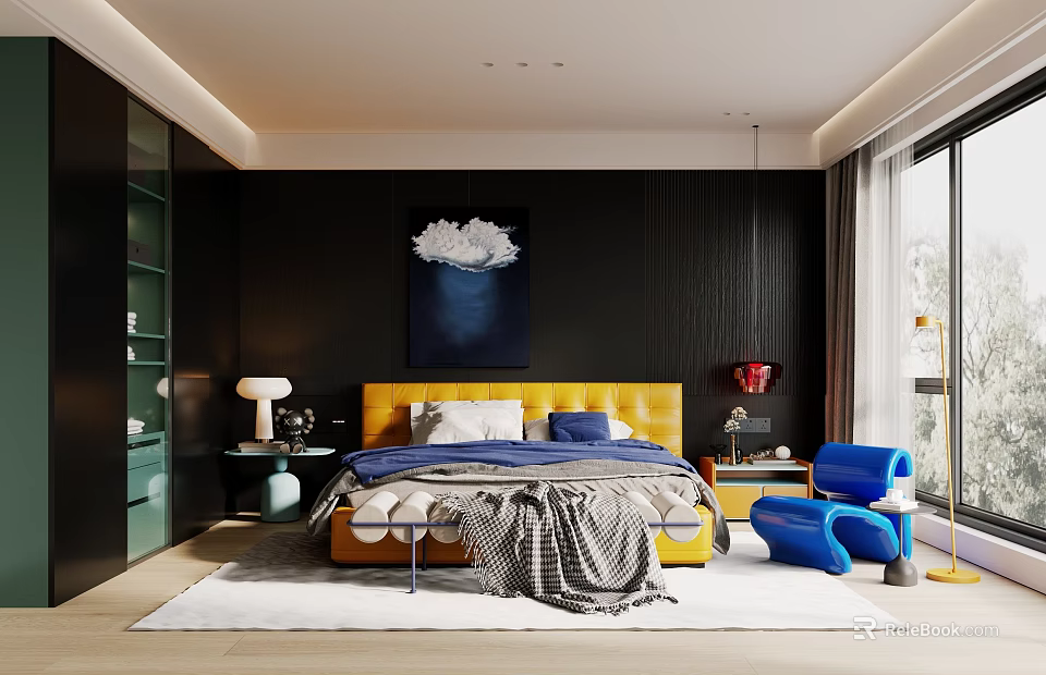Modern Bedroom Interior With Yellow Headboard Blue Chair And Dark Wall Painting 3d model 