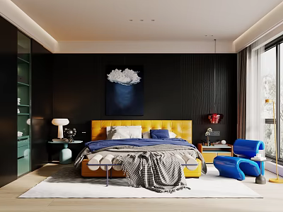 Modern Bedroom Interior With Yellow Headboard Blue Chair And Dark Wall Painting 3d model
