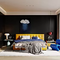 Modern Bedroom Interior With Yellow Headboard Blue Chair And Dark Wall Painting