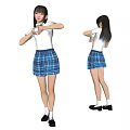 Young Girl In White Top And Blue White Plaid Skirt Posing Front And Back Views