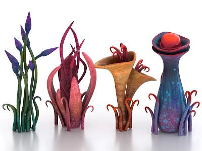 Artistic Colorful Floral Sculptures With Long Stems Curled Edges Vibrant Hues And Red Top Orbs 3d model