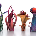 Artistic Colorful Floral Sculptures With Long Stems Curled Edges Vibrant Hues And Red Top Orbs