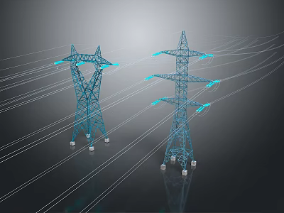 Blue Power Towers With Glowing Connected Lines On Dark Reflective Background 3d model
