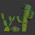 Cartoon Cactus Scene With Multiple Green Cacti Red Spines Yellow Dots and Pink Flower
