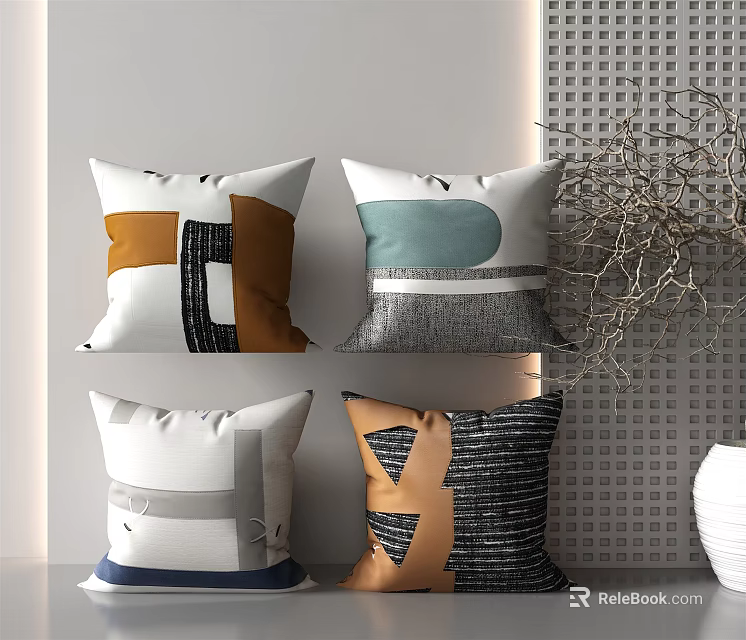 Modern Throw Pillows With Geometric Patterns Orange Blue Grey Abstract Designs 3d model
