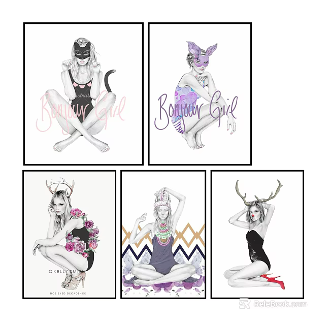 Romantic Female Portrait Drawings With Cat Ear Mask Antlers Floral And Geometric Patterns 3d model 