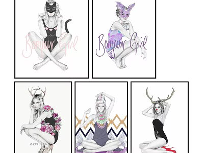 Romantic Female Portrait Drawings With Cat Ear Mask Antlers Floral And Geometric Patterns 3d model