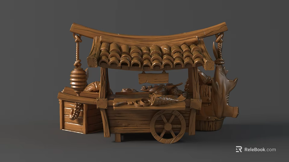 Intricately Carved Wooden Cart Sculpture With Curved Roof And Decorative Wheels 3d model 