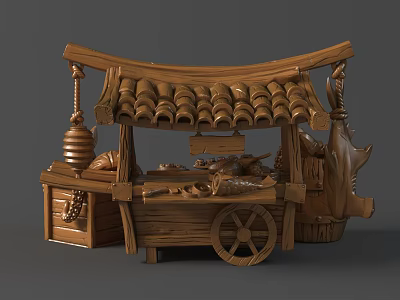 Intricately Carved Wooden Cart Sculpture With Curved Roof And Decorative Wheels 3d model