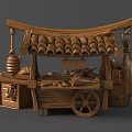 Intricately Carved Wooden Cart Sculpture With Curved Roof And Decorative Wheels