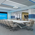 Spacious Modern Conference Room With Large Screen Tables Chairs And Windows 3d model