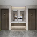 Modern Public Restroom Interior Design With Two Wooden Doors Vanity Mirrors Light Tiles And Plant
